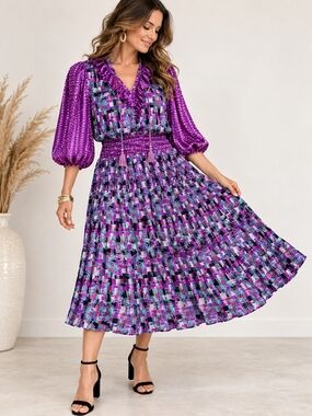 Vintage 80s Diane Freis Purple Pleated Drop Waist Midi Dress L Maximalist